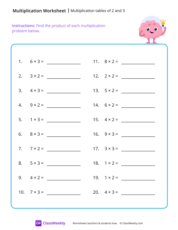 Multiplication tables (2 and 3) - Brain worksheet preview