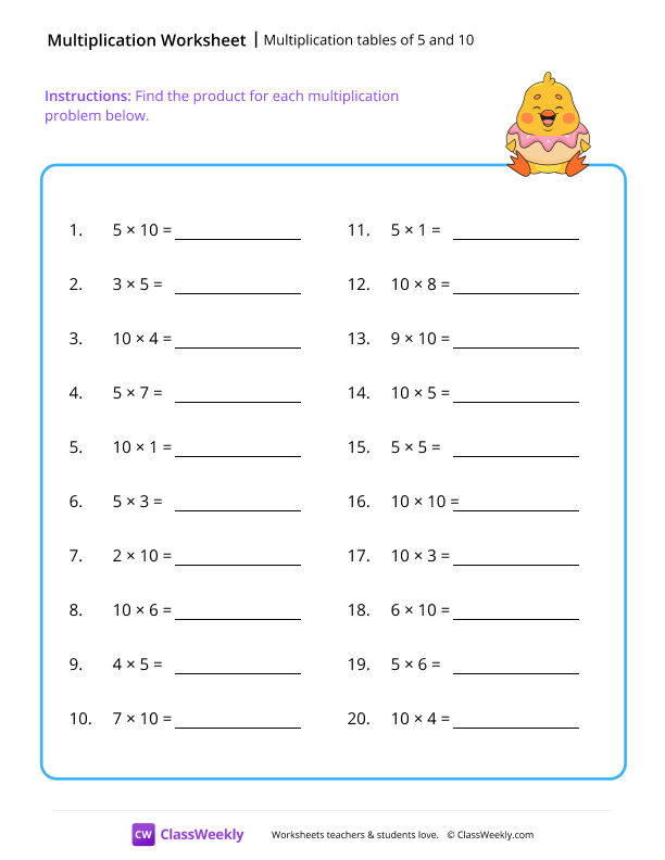 Multiplication tables (5 and 10) - Chick worksheet preview