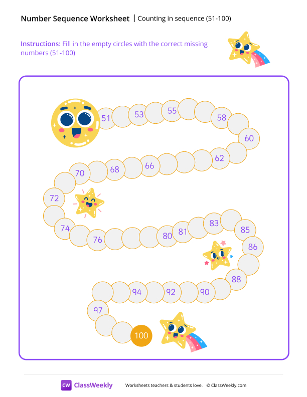 Counting in sequence (51-100) - Star Rainbow worksheet preview