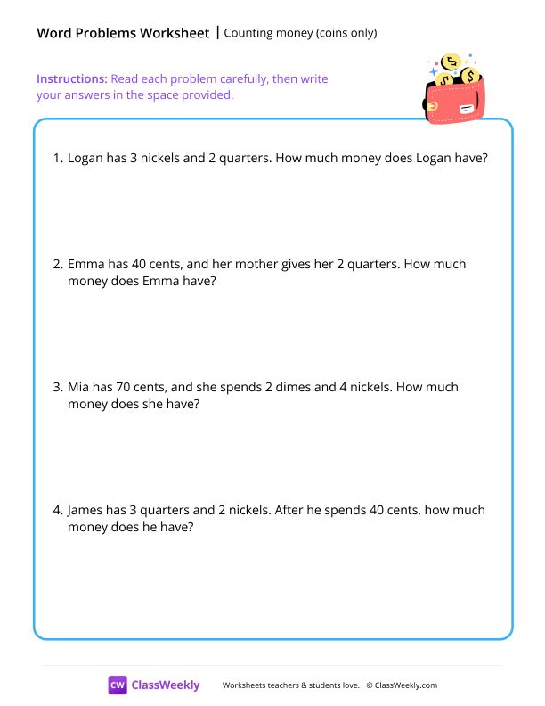 Counting money (word problems) - Coins worksheet preview