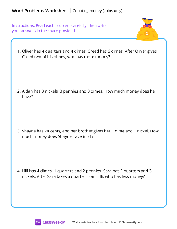 Counting money (word problems) - Bag worksheet preview