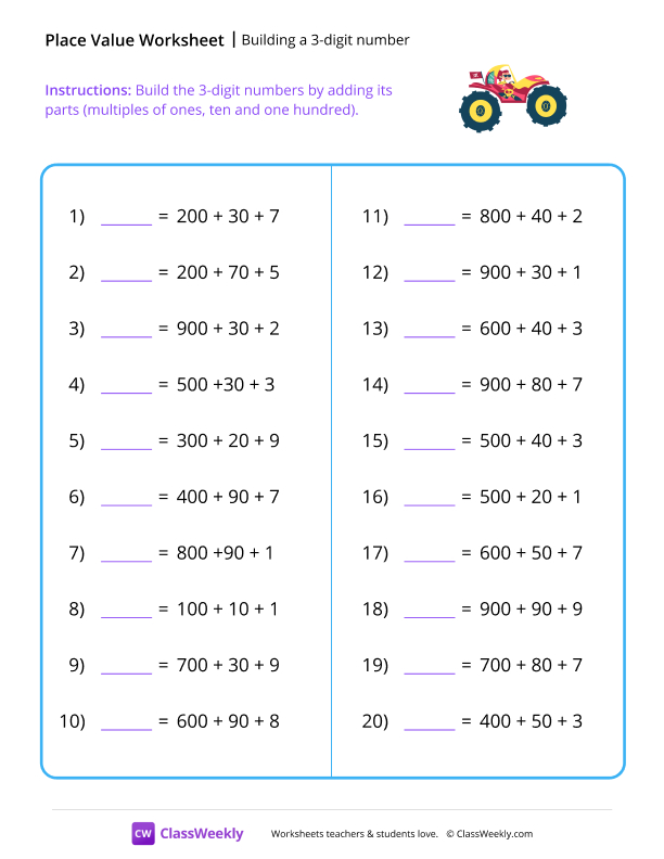 Building a 3-digit number - Truck worksheet preview