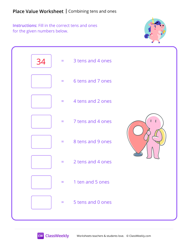 Combining Tens and Ones - Unicorn worksheet preview
