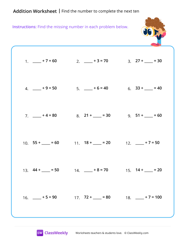 Find the number to complete the next ten worksheet preview