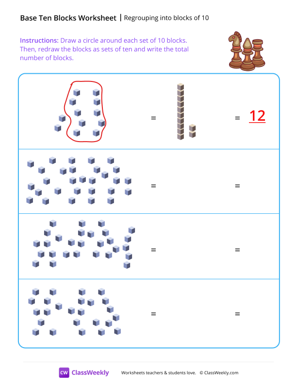 Regrouping into blocks of 10 - Chess worksheet preview
