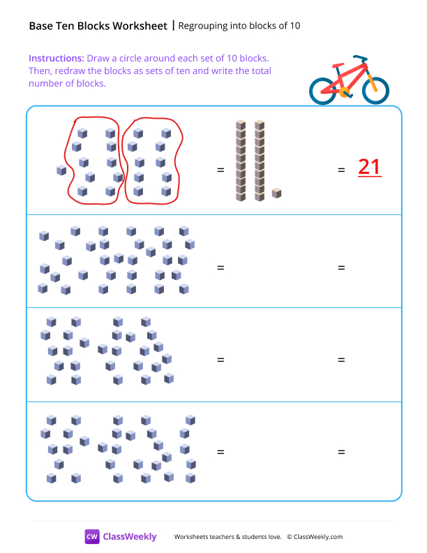 Regrouping into blocks of 10 - Bicycle worksheet preview