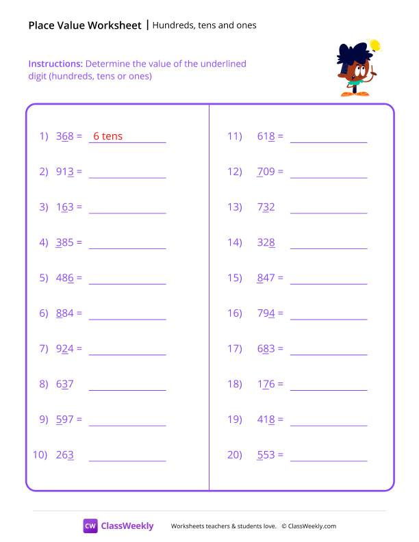 Hundreds, tens and ones - Idea worksheet preview