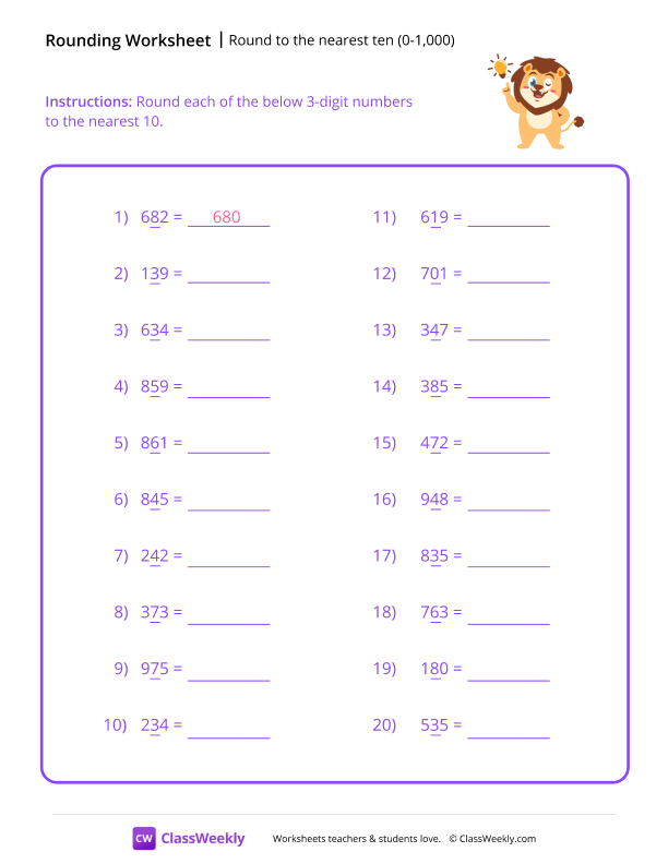 Round to the nearest ten (0-1,000) worksheet preview