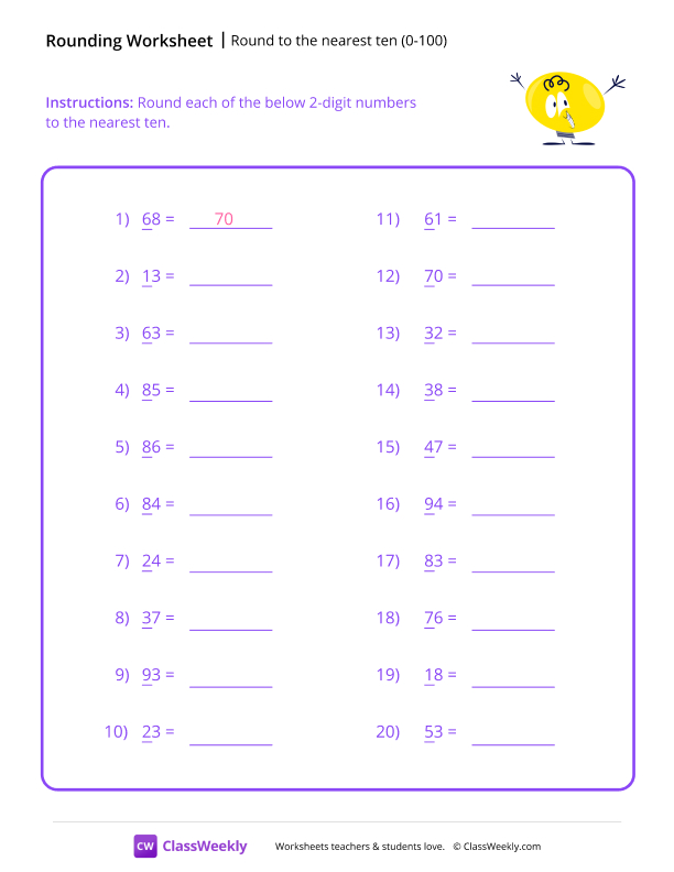 Round to the nearest ten (0-100) - Light bulb worksheet preview