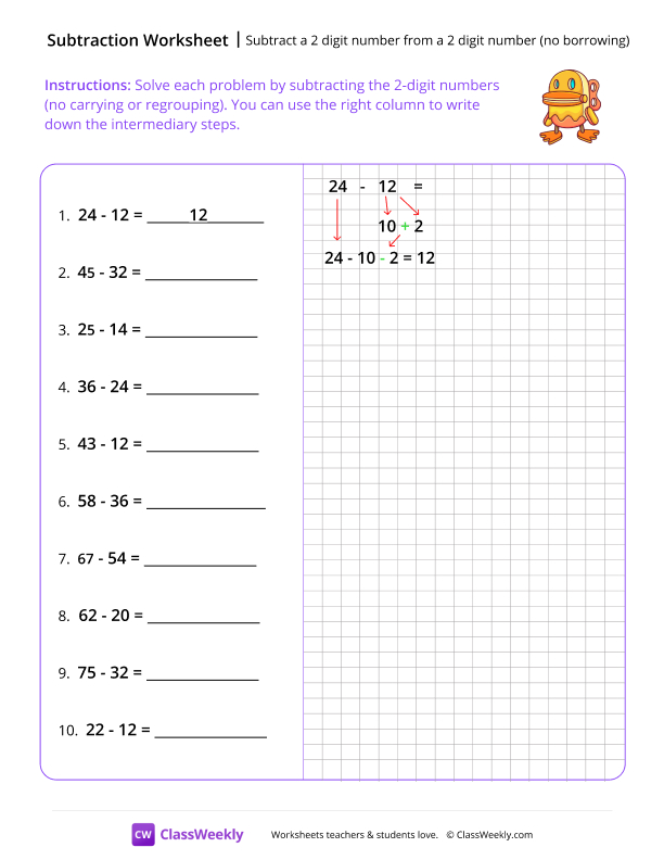Subtract a 2-digit number from a 2-digit number (no borrowing) - Duck worksheet preview