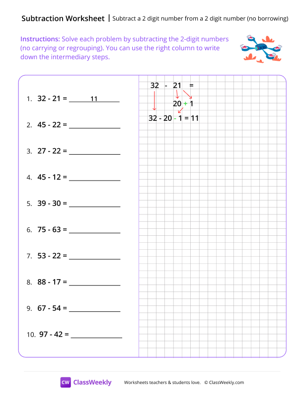 Subtract a 2-digit number from a 2-digit number (no borrowing) worksheet preview