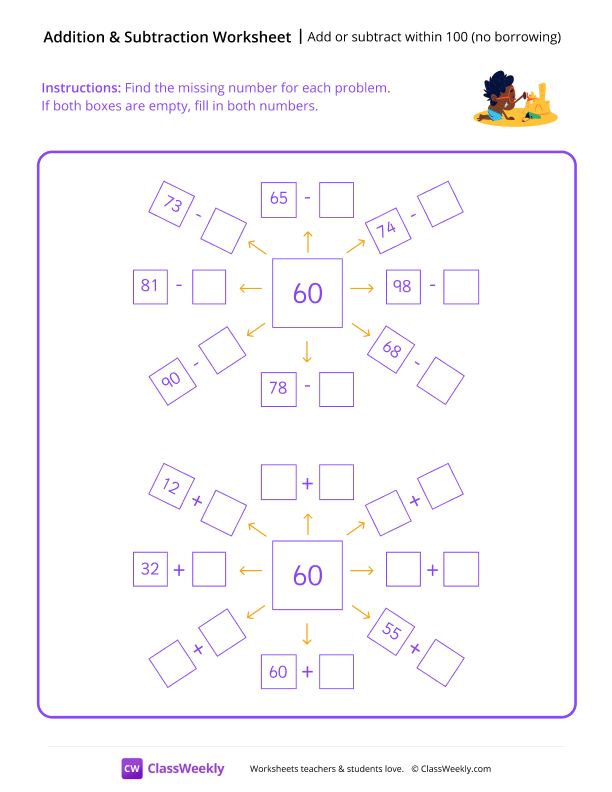 Add or subtract within 100 (no borrowing) - Sand Castle worksheet preview