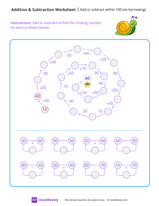 Add or subtract within 100 (whole tens) worksheet preview