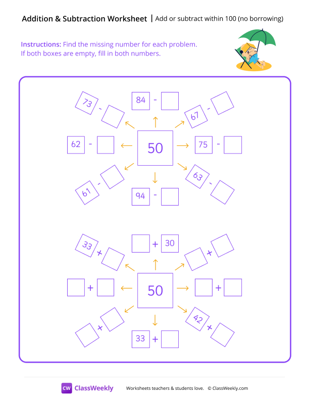 Add or subtract within 100 (no borrowing) worksheet preview