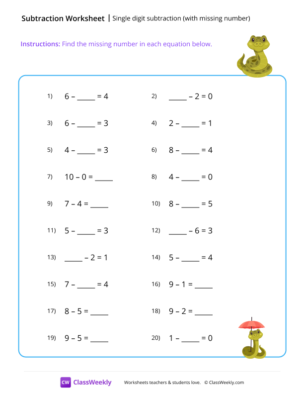 Single digit subtraction (with missing numbers) - Snake worksheet preview