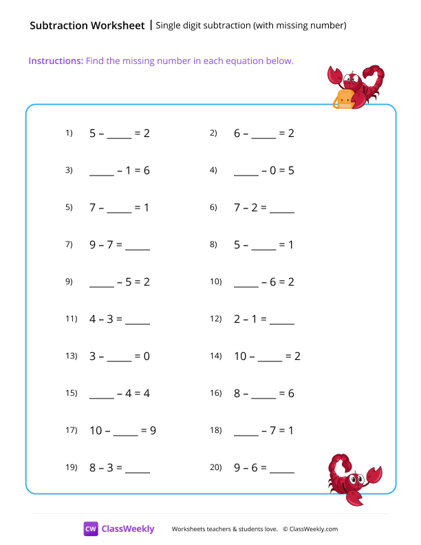Single digit subtraction (with missing numbers) - Scorpion worksheet preview