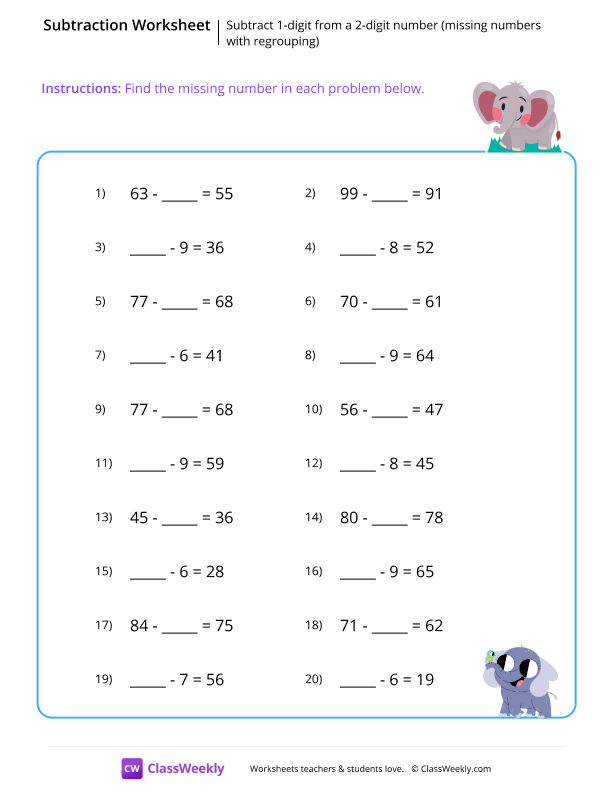 Subtract 1-digit from a 2-digit number (missing numbers with regrouping) - Elephant worksheet preview