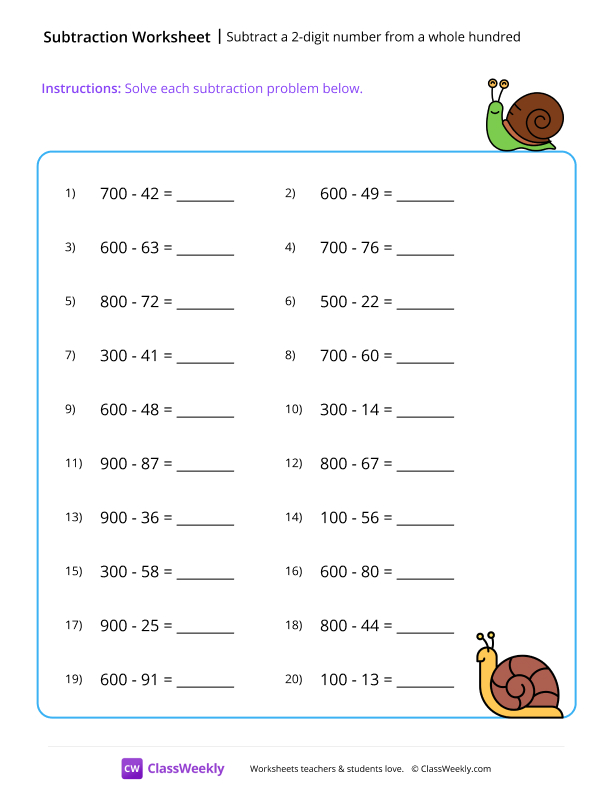 Subtract a 2-digit number from a whole hundred - Snail worksheet preview