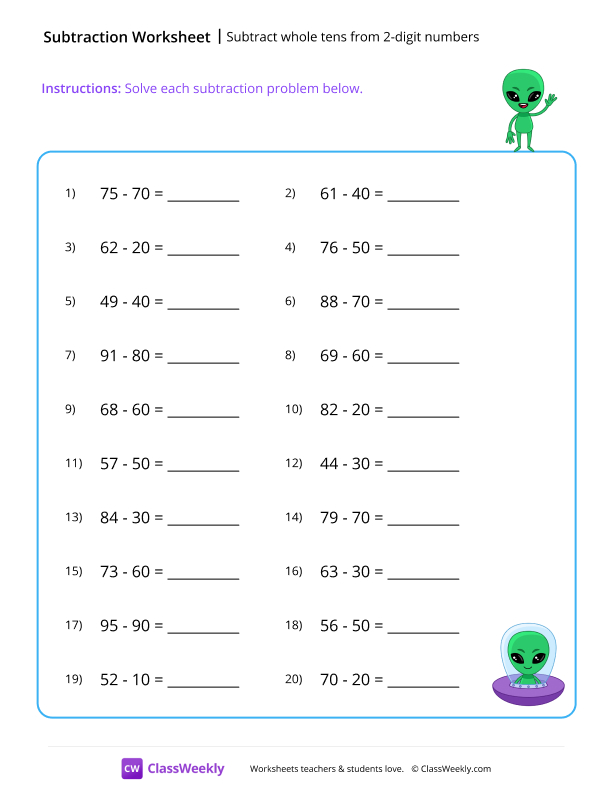 Subtract whole tens from 2-digit numbers - Alien worksheet preview