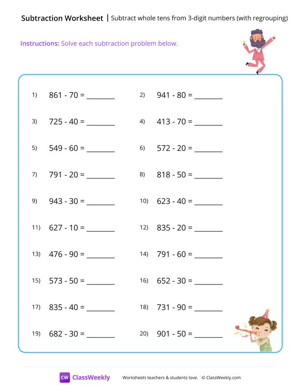 Subtract whole tens from 3-digit numbers (with regrouping) - Happy worksheet preview