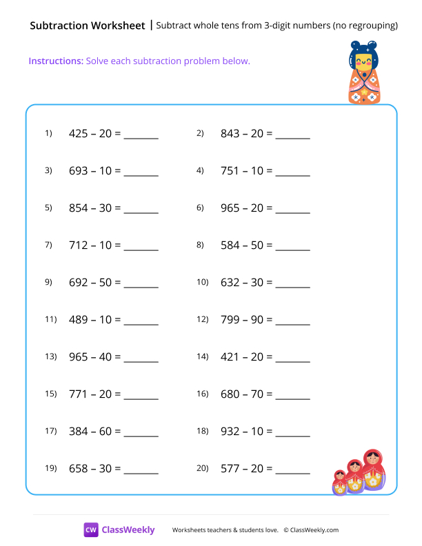 Subtract whole tens from 3-digit numbers (no regrouping) worksheet preview