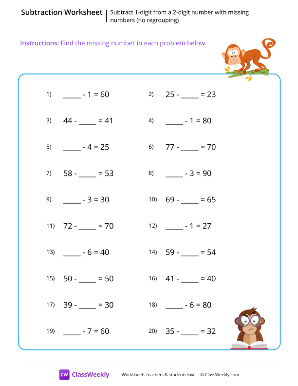 Subtract 1-digit from a 2-digit number with missing numbers (no regrouping) worksheet preview