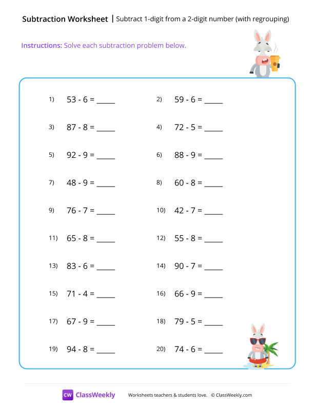 Subtract 1-digit from a 2-digit number (with regrouping) worksheet preview