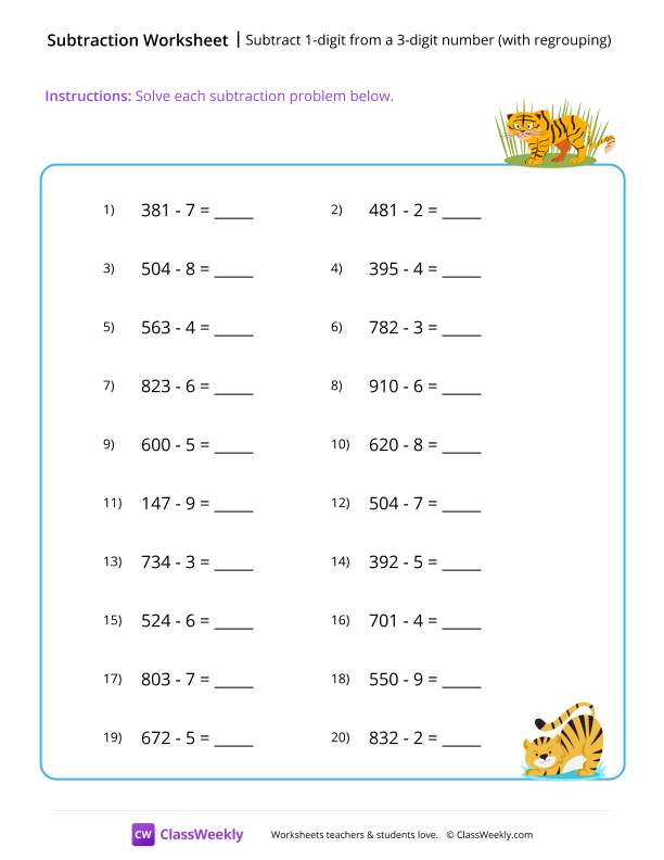 Subtract 1-digit from a 3-digit number (with regrouping) - Tiger worksheet preview