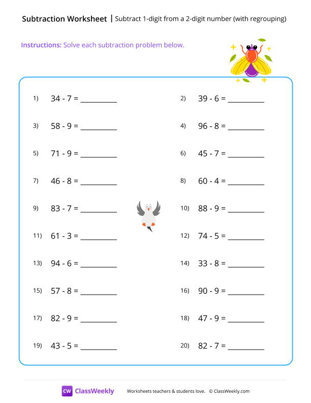 Subtract 1-digit from a 2-digit number (with regrouping) worksheet preview