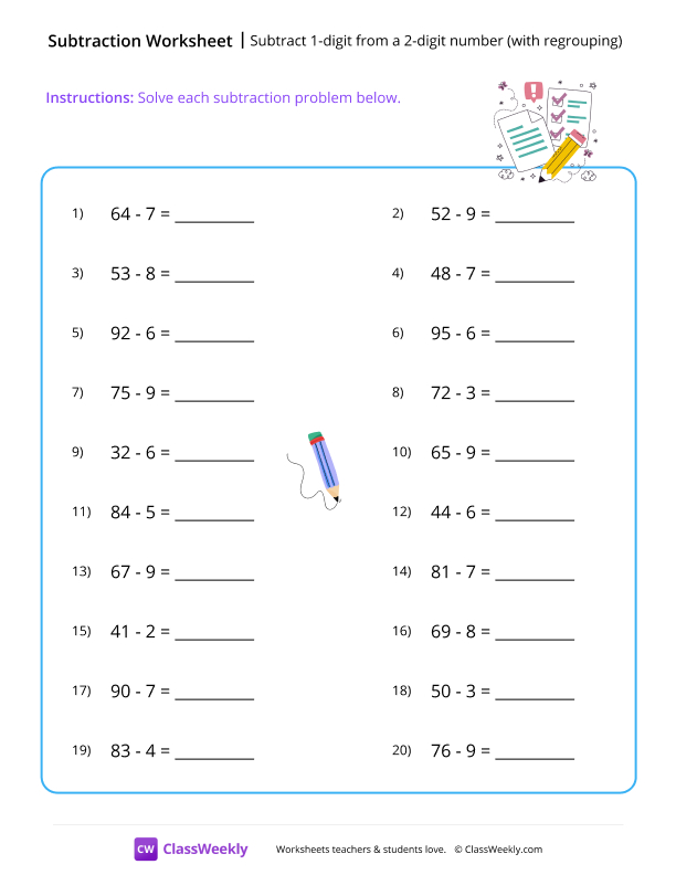 Subtract 1-digit from a 2-digit number (with regrouping) - Pencil worksheet preview
