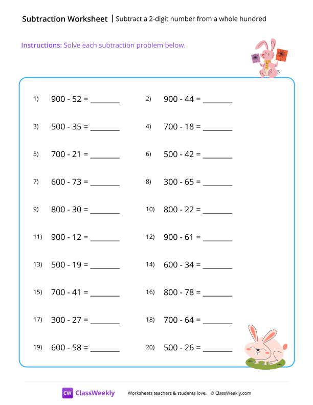 Subtract a 2-digit number from a whole hundred worksheet preview