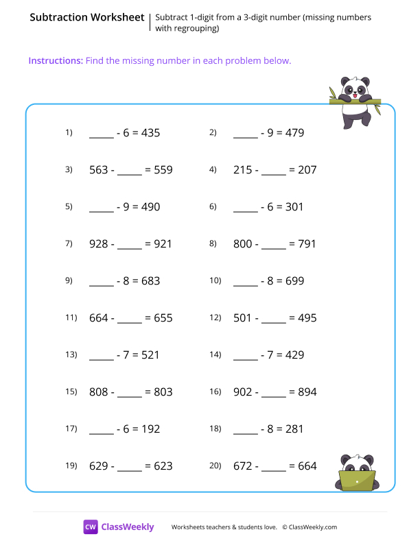 Subtract 1-digit from a 3-digit number (missing numbers with regrouping) - Panda worksheet preview