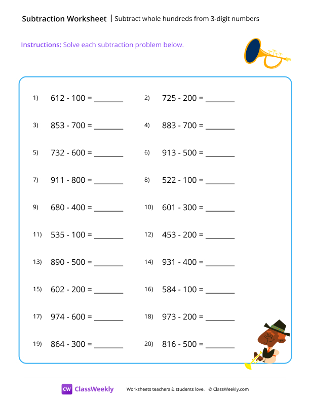 Subtract whole hundreds from 3-digit numbers (no regrouping) - Trumpet worksheet preview