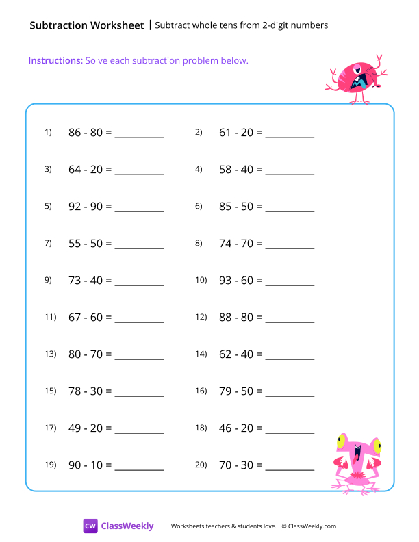 Subtract whole tens from 2-digit numbers - Monster worksheet preview