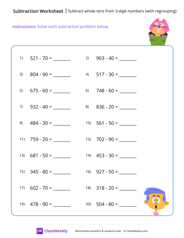 Subtract whole tens from 3-digit numbers (with regrouping) - Surprised worksheet preview