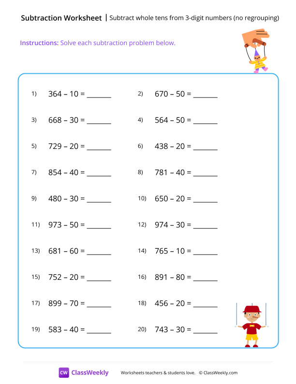 Subtract whole tens from 3-digit numbers (no regrouping) - Puppet worksheet preview