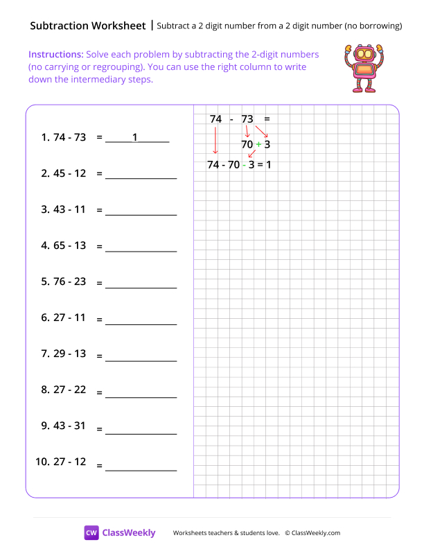 Subtract a 2-digit number from a 2-digit number (no borrowing) - Robot worksheet preview