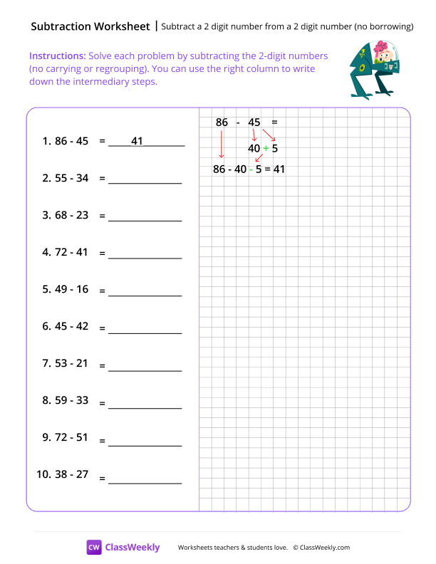 Subtract a 2-digit number from a 2-digit number (no borrowing) worksheet preview