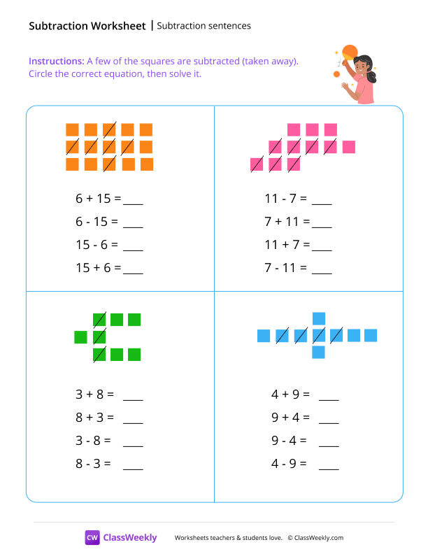 Subtraction sentences - Ping Pong worksheet preview