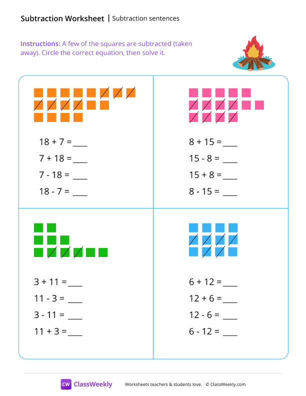 Subtraction sentences - Bonfire worksheet preview