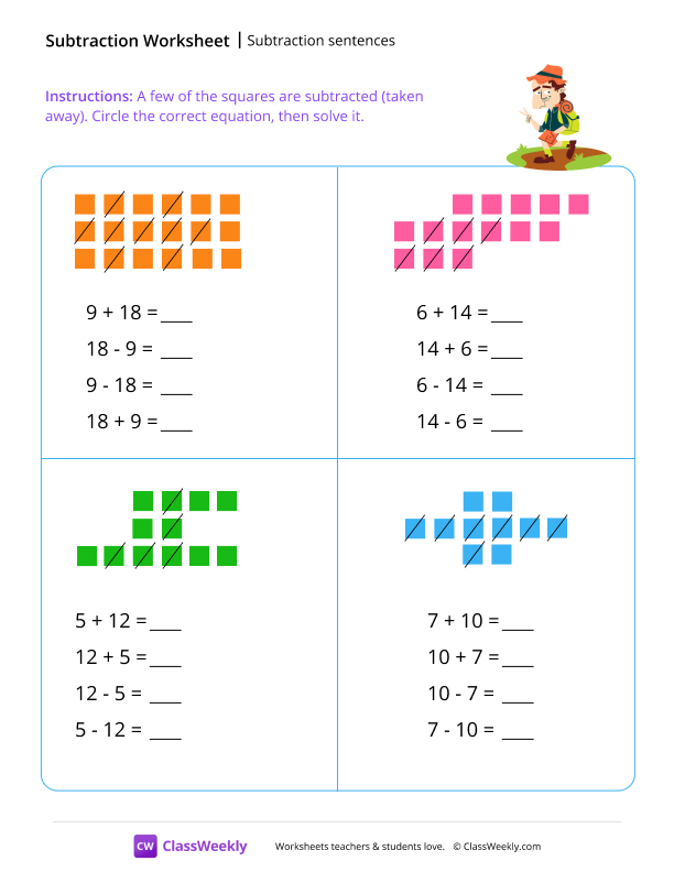 Subtraction sentences - Backpacker worksheet preview