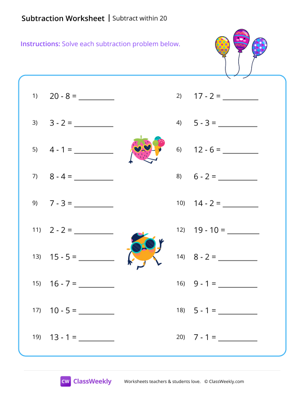 Subtract within 20 worksheet preview