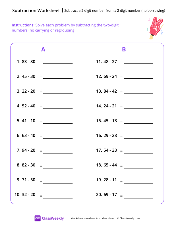 Two Digit Subtraction - Glove worksheet preview