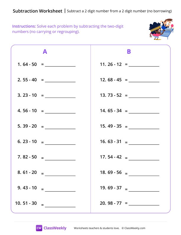 Two Digit Subtraction - Ping Pong worksheet preview