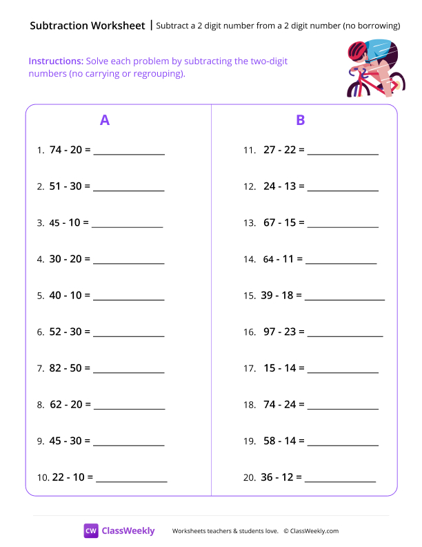 Two Digit Subtraction - Rider worksheet preview