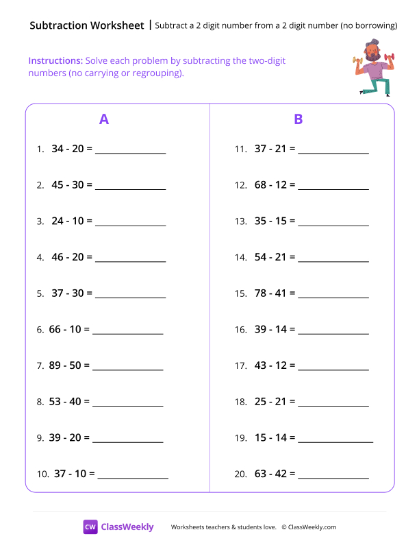 Two Digit Subtraction - Muscles worksheet preview