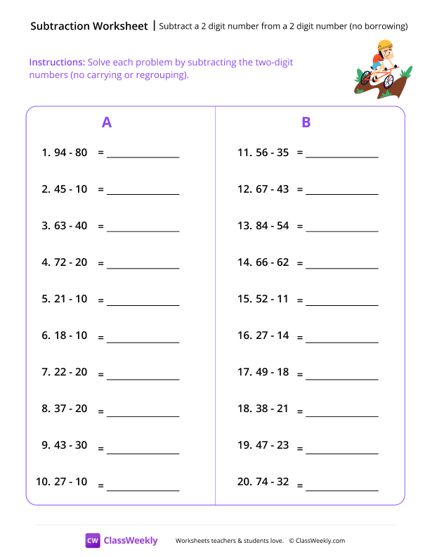 Two Digit Subtraction - Trail Bike worksheet preview