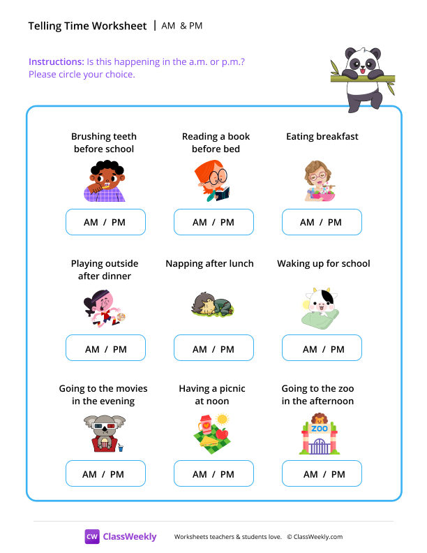 Telling Time: A.M. or P.M.? - Panda worksheet preview