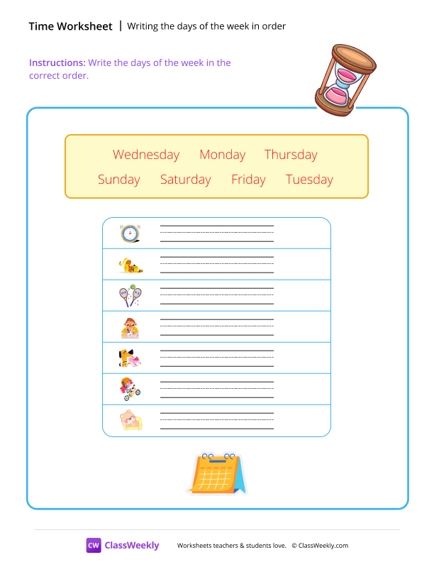 Writing the days of the week in order - Clock worksheet preview