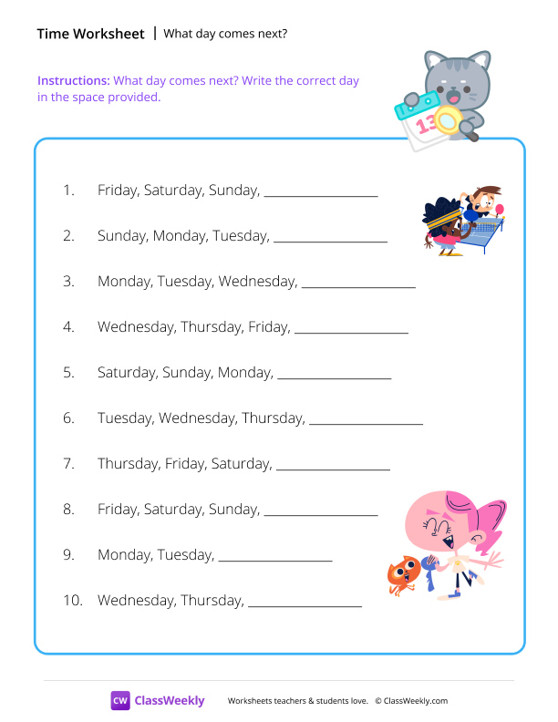 What day comes next? worksheet preview